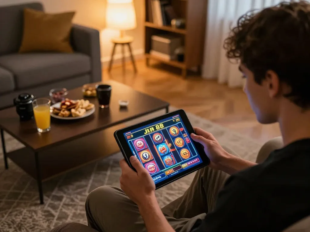 Engaging online gambling session on Jun 88 with cozy home setup and colorful slot game on tablet.