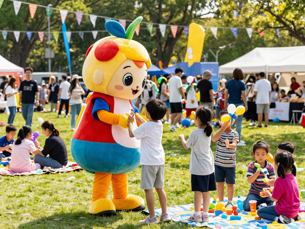 Children excitedly interact with a friendly mascot costume at a vibrant outdoor festival showcasing mascot costumes UK.