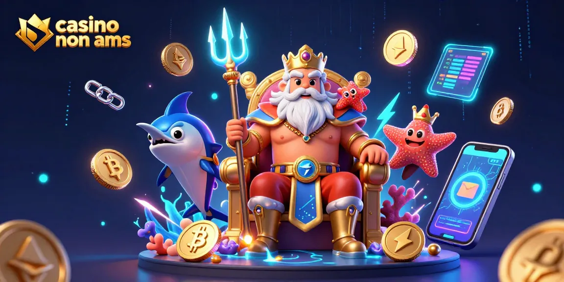 Scopri il mondo dei casino non AAMS con un re marino e simboli di criptovalute scintillanti.