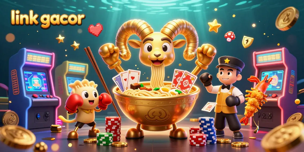 Engage in vibrant gaming action with link gacor featuring a golden ramen bowl, gyoza, and sushi roll in an exciting casino setting.
