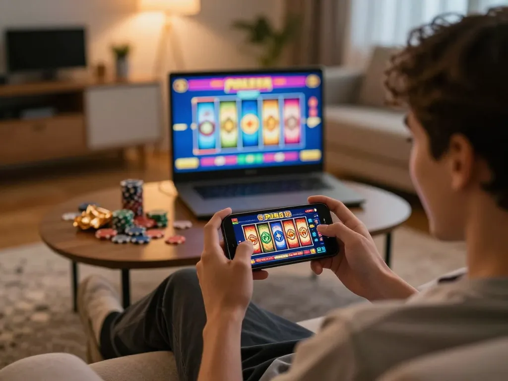 Playing slot pulsa on smartphone in a cozy living room, showcasing an engaging online gaming experience