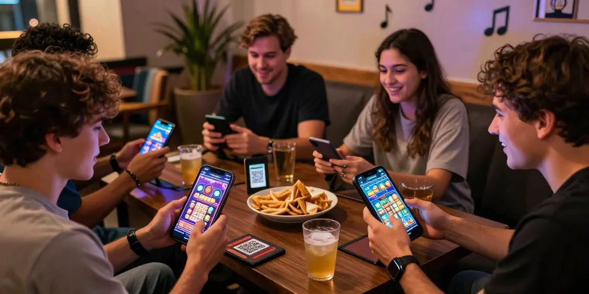 Players enjoying slot depo 1000 games with mobile devices in energetic gaming lounge.