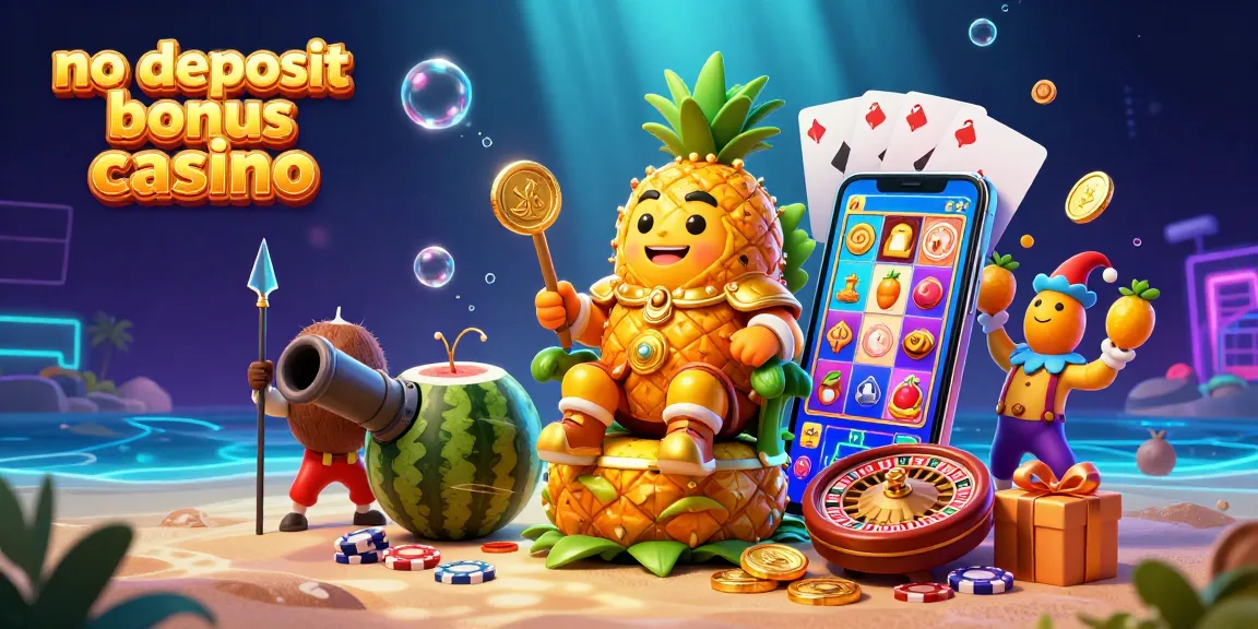 No deposit bonus casino illustration showcasing vibrant characters and slot game elements with a golden pineapple king.
