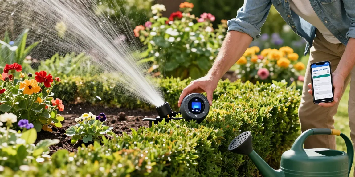 Homeowner configuring a rainpoint sprinkler timer in a blooming garden to enhance water efficiency.