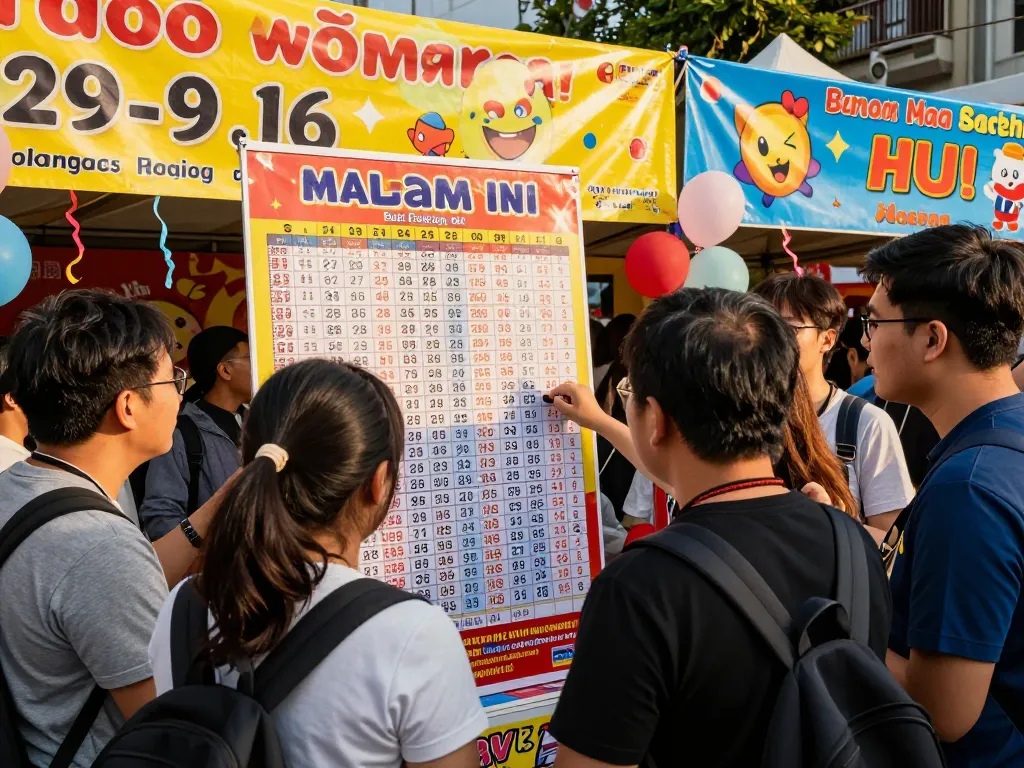 Exciting atmosphere at a lottery event showcasing HK Malam Ini results with players engaged in discussions and colorful displays.
