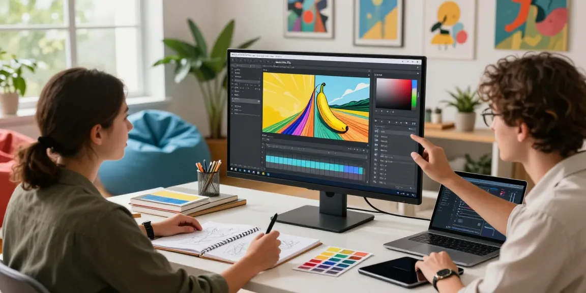 Designer using Nano Banana Pro in creative workspace with vibrant visuals