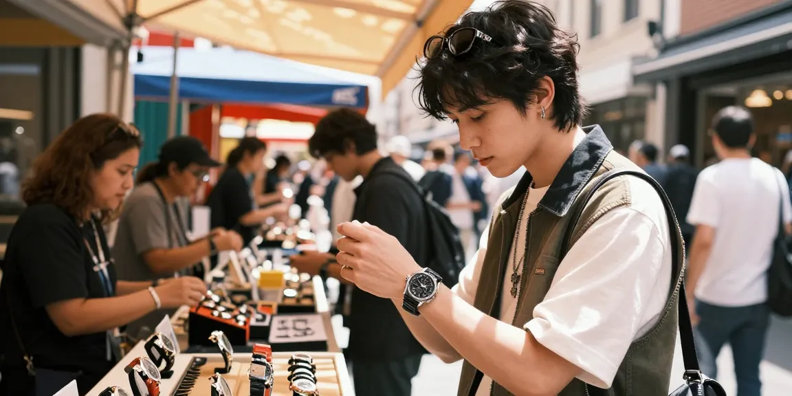 Discovering exquisite replica watch in vibrant market scene.