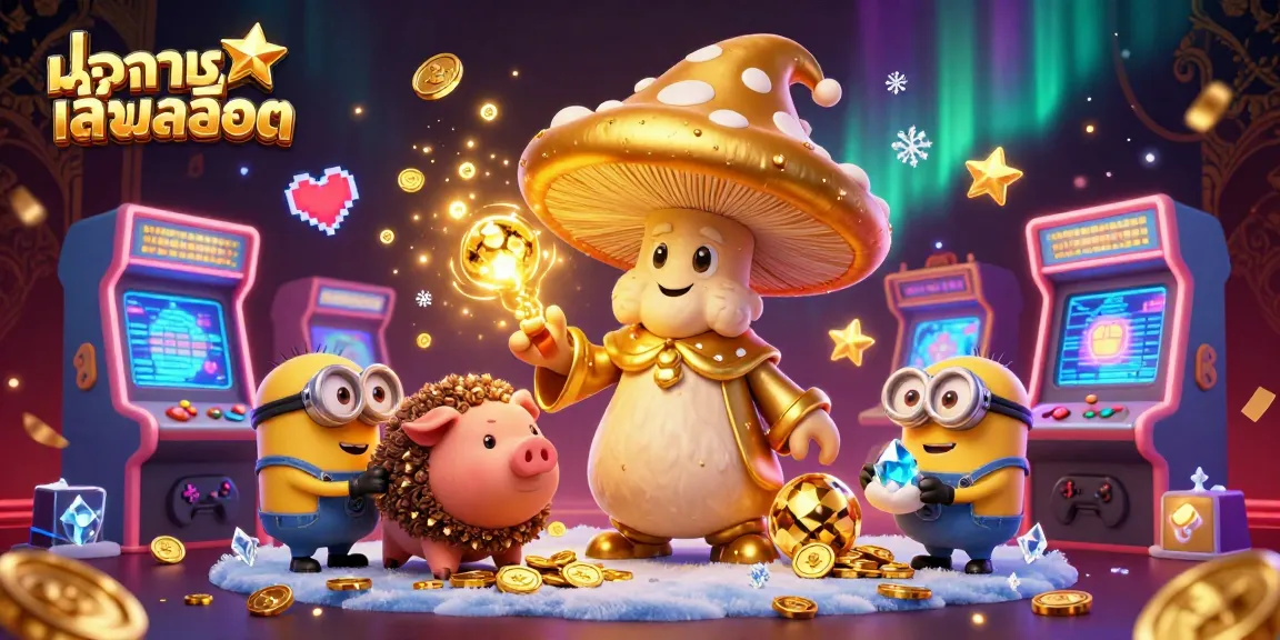 Experience ทดลองเล่นสล็อต with an exciting scene featuring a golden mushroom wizard, treasure, and arcade elements.