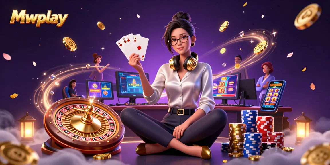 Mwplay presents a vibrant online gaming scene with an elegant gamer amid flying coins and thrilling casino elements.