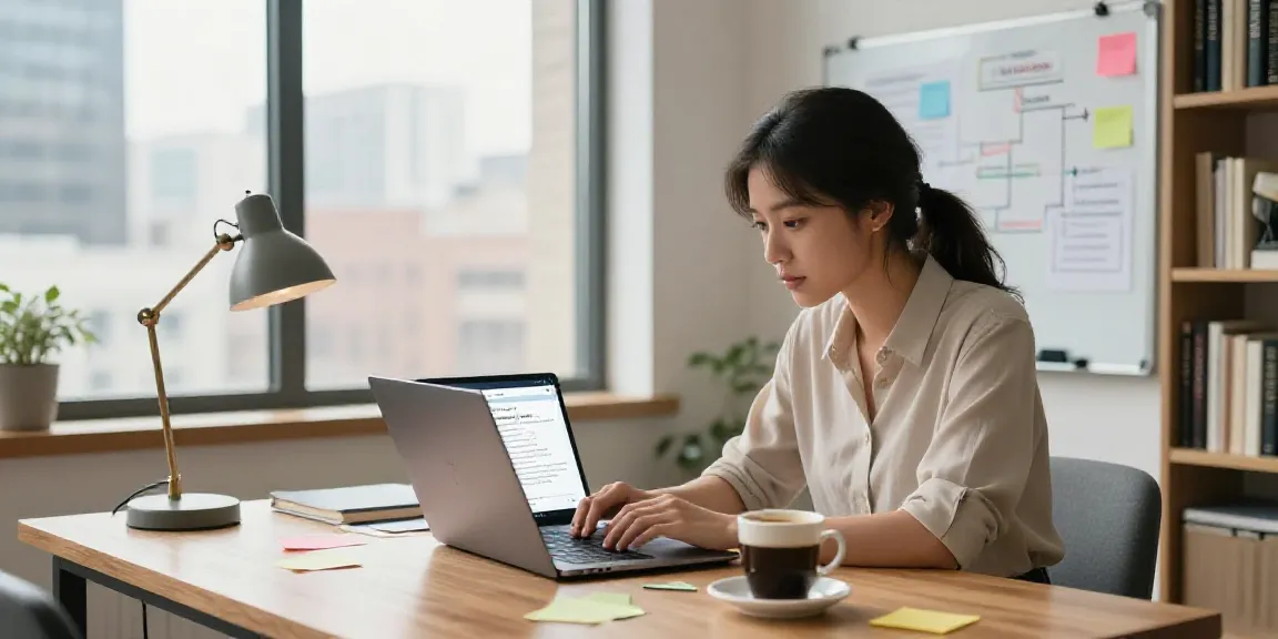 Professional writer using an AI text writer tool in a vibrant office setting.