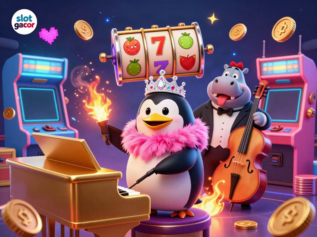 Engage with slot gacor gaming featuring a lively lounge singer and bassist in a glamorous casino setting.