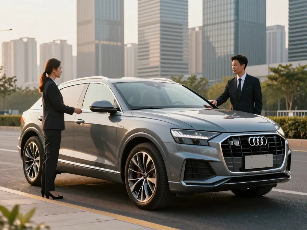 Trải nghiệm dịch vụ cho thuê xe ô tô hạng sang với cho thuê xe ô tô hạng sang như chiếc Audi Q8 thanh lịch trong bối cảnh đô thị tinh tế.