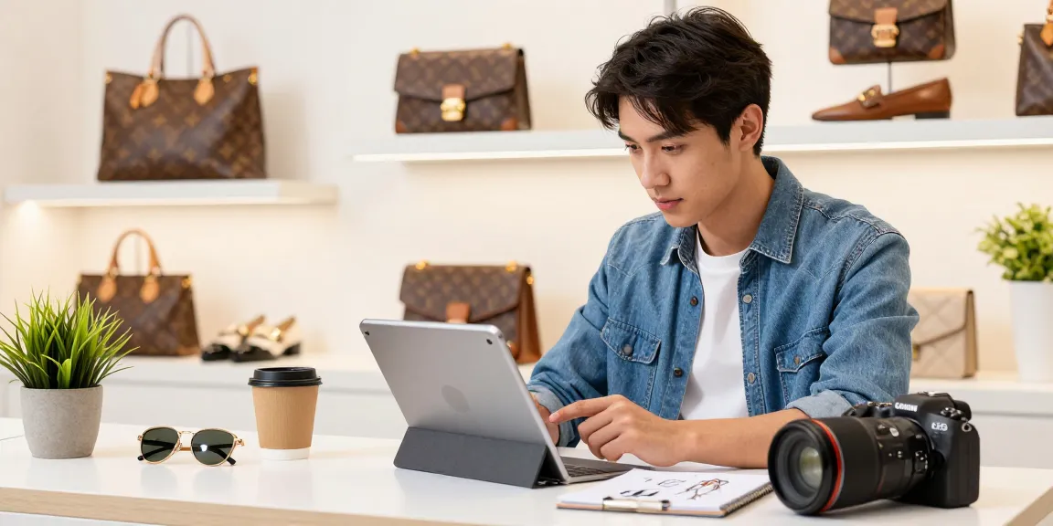 Stylish young adult exploring luxury 레플리카 products in a modern e-commerce store atmosphere.