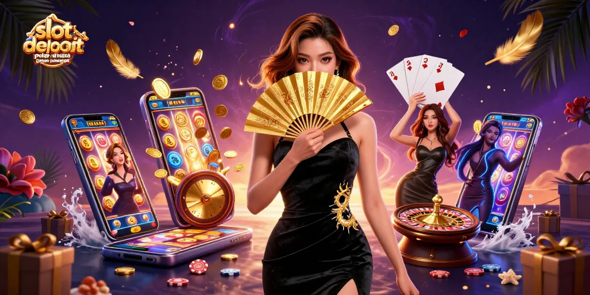 Experience excitement with slot deposit pulsa tanpa potongan game action illustrated through a captivating Asian woman and dynamic gaming elements.