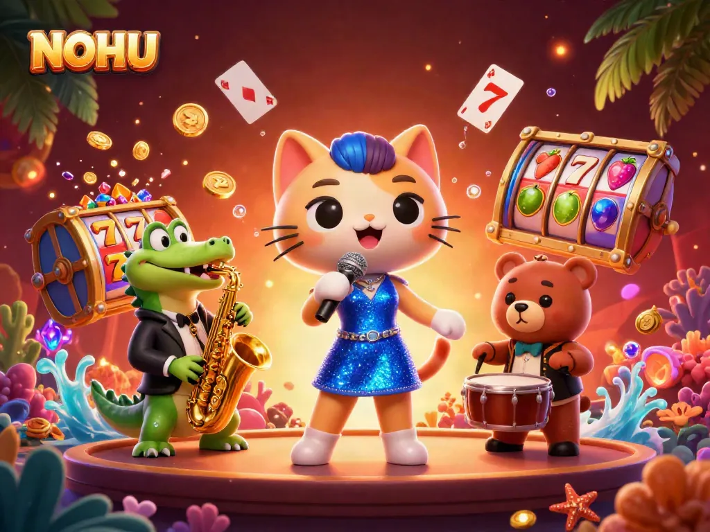 Experience thrilling gaming at NOHU with vibrant slots and engaging characters in a dynamic casino scene.
