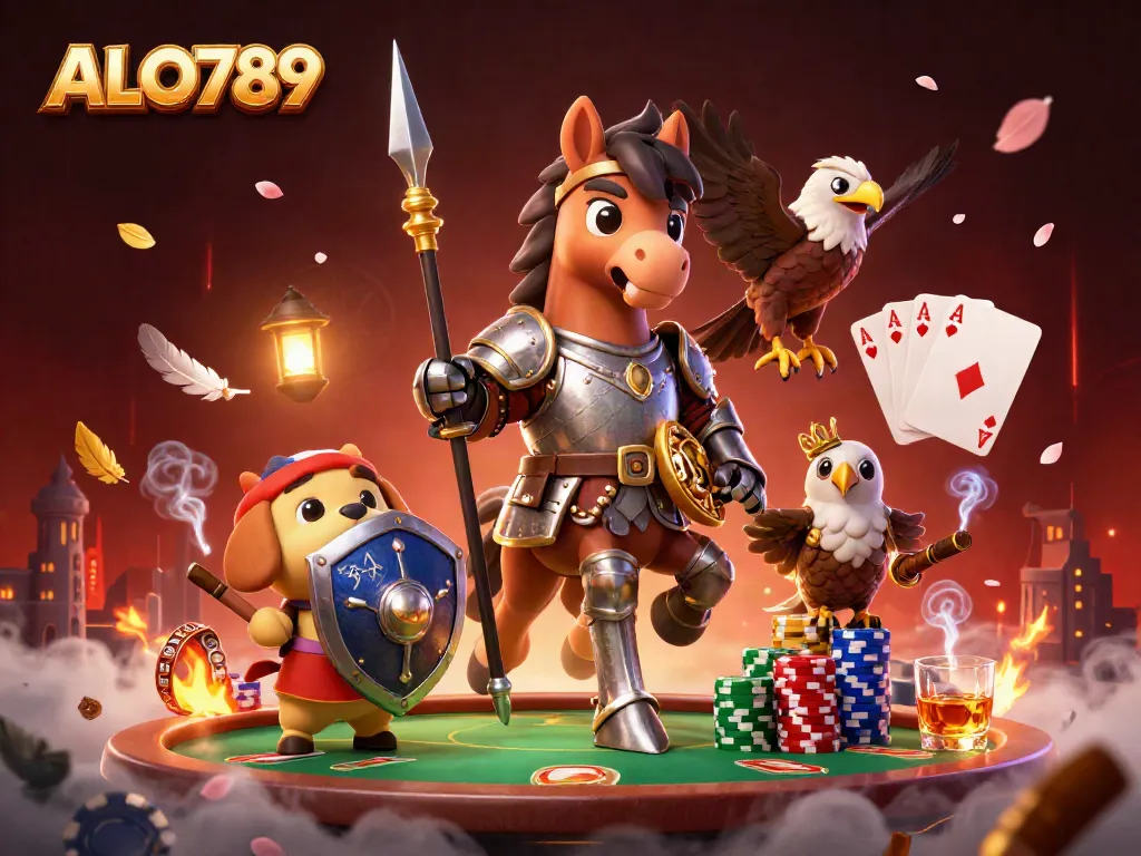 Experience the excitement of ALO789 with knight and puppy in a vibrant casino scene.