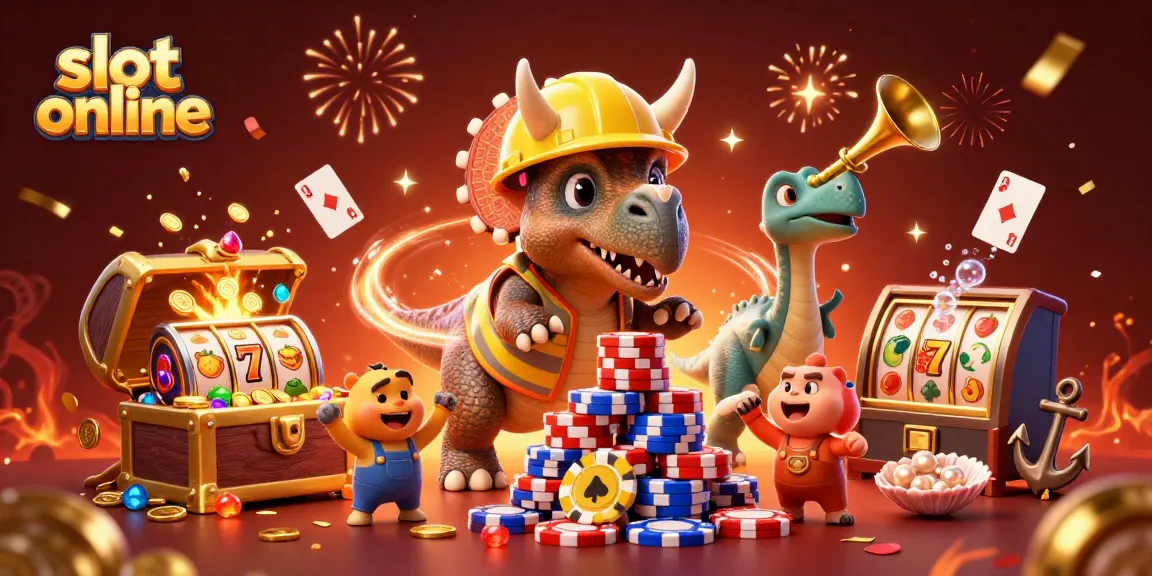 Slot online: Memperlihatkan triceratops membangun tumpukan chip poker yang dikelilingi elemen permainan menarik.