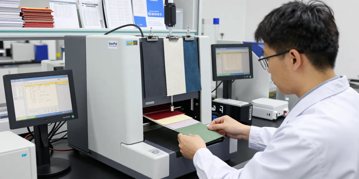 Technician using the ASTM D5035 tensile tester in a modern textile lab for fabric strength analysis.
