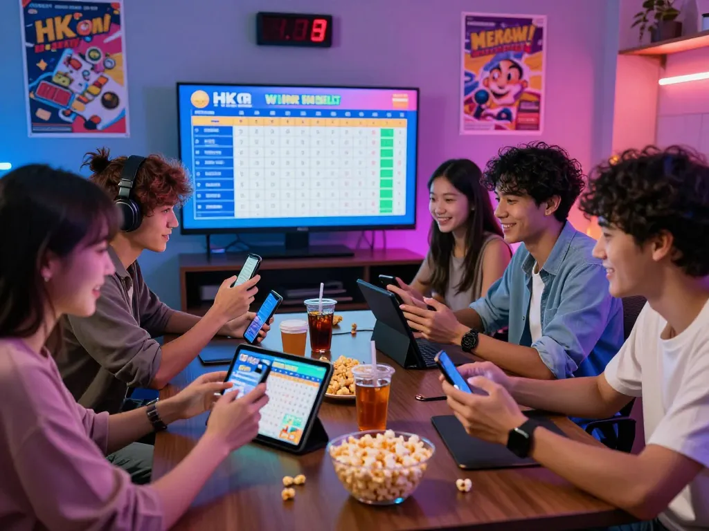 Group of friends excitedly watching HK Malam Ini lottery results on screen with gaming devices in vibrant atmosphere.