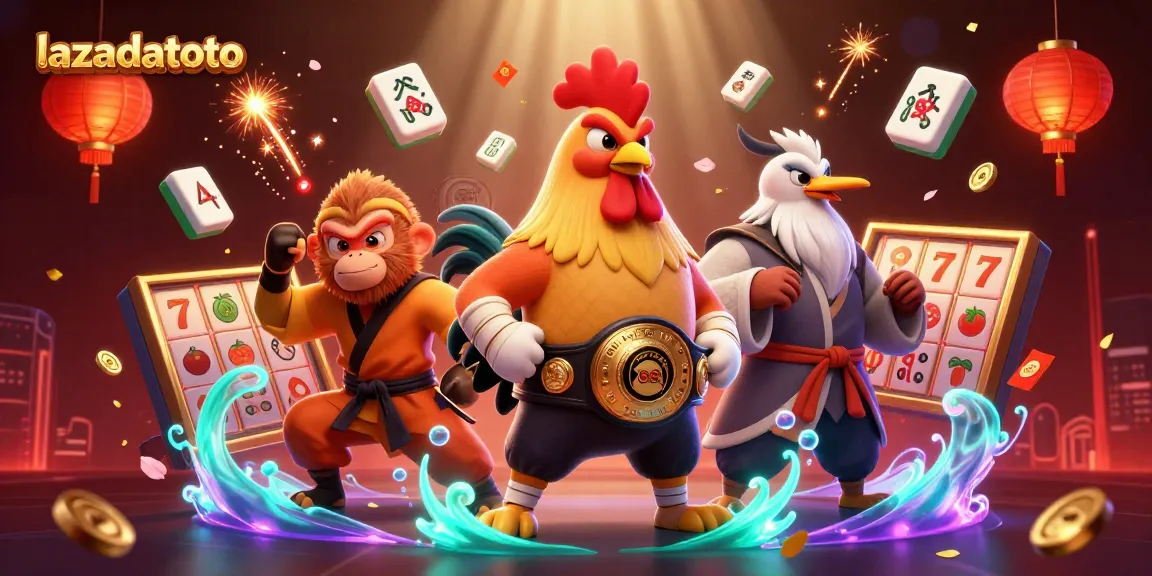 Lazadatoto menghadirkan ilustrasi karakter ayam Muay Thai dan kera Shaolin di kasino penuh kegembiraan.