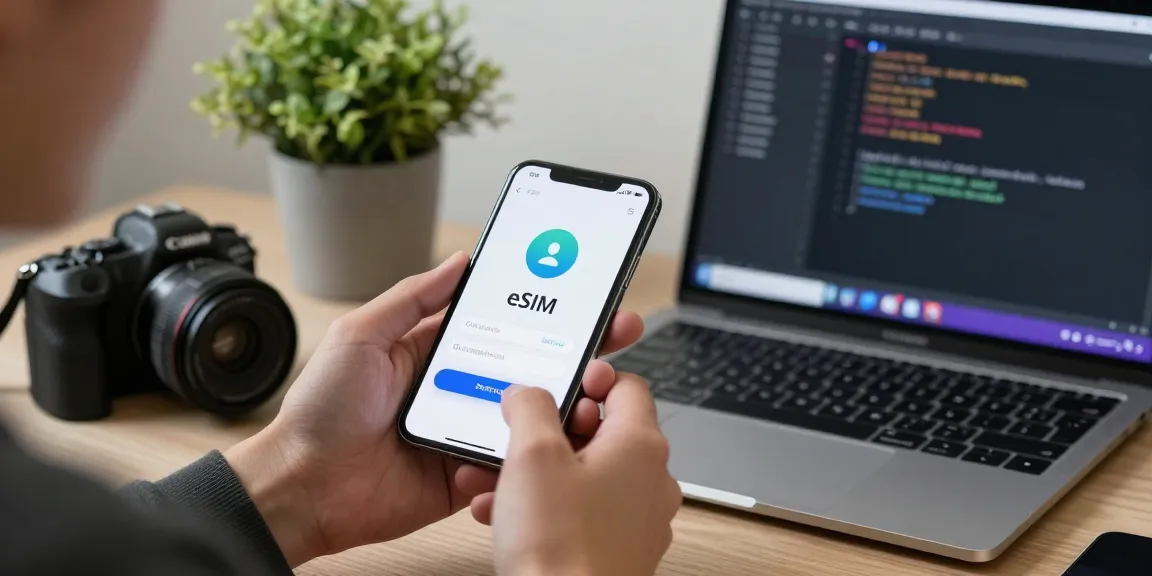 На экране смартфона показан процесс активации eSIM, отражающий разницу между eSIM и обычной SIM-картой.