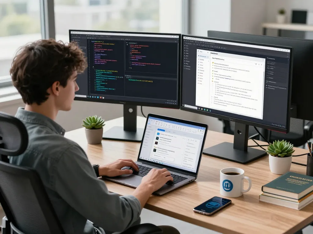 Moltbot AI showcased in a modern tech workspace with coding and productivity tools