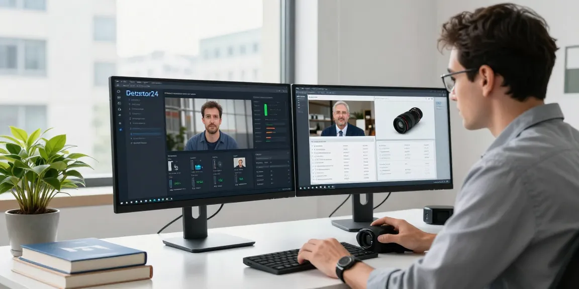 AI detector expert reviewing technology in a modern workspace, analyzing image detection results.