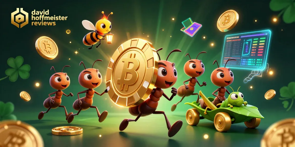 Engaging scene of ants in heist carrying a golden poker chip with glowing cryptocurrency elements, david hoffmeister reviews