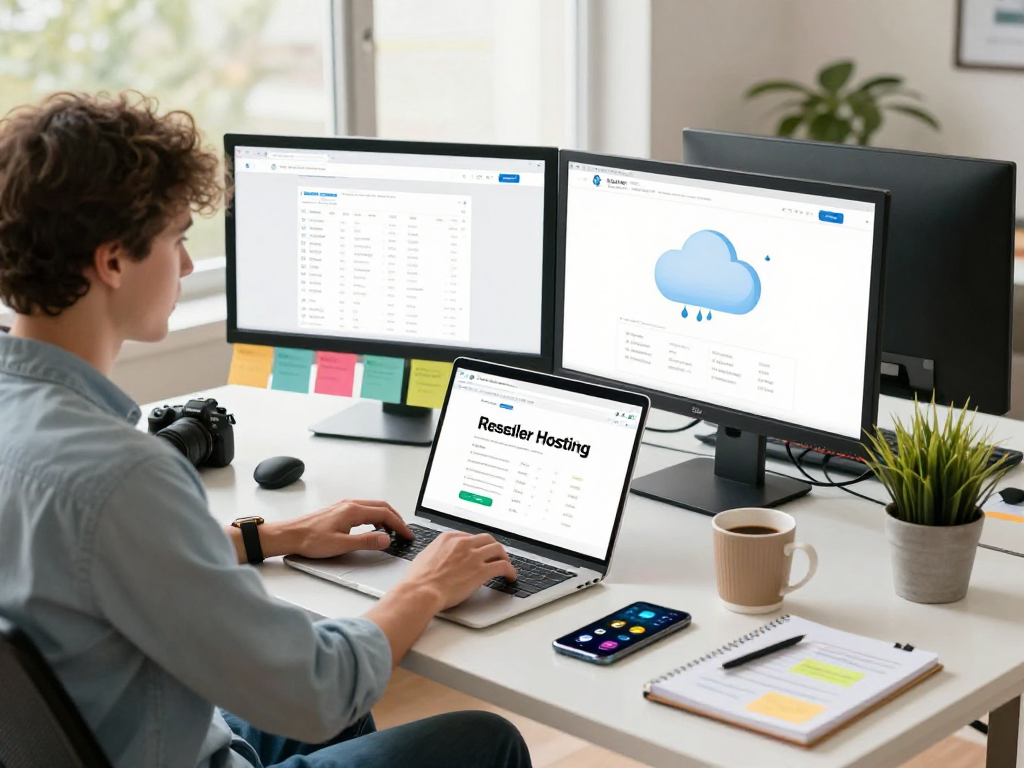 Reseller Hosting en México showcased in a modern workspace with entrepreneur analyzing web hosting metrics.