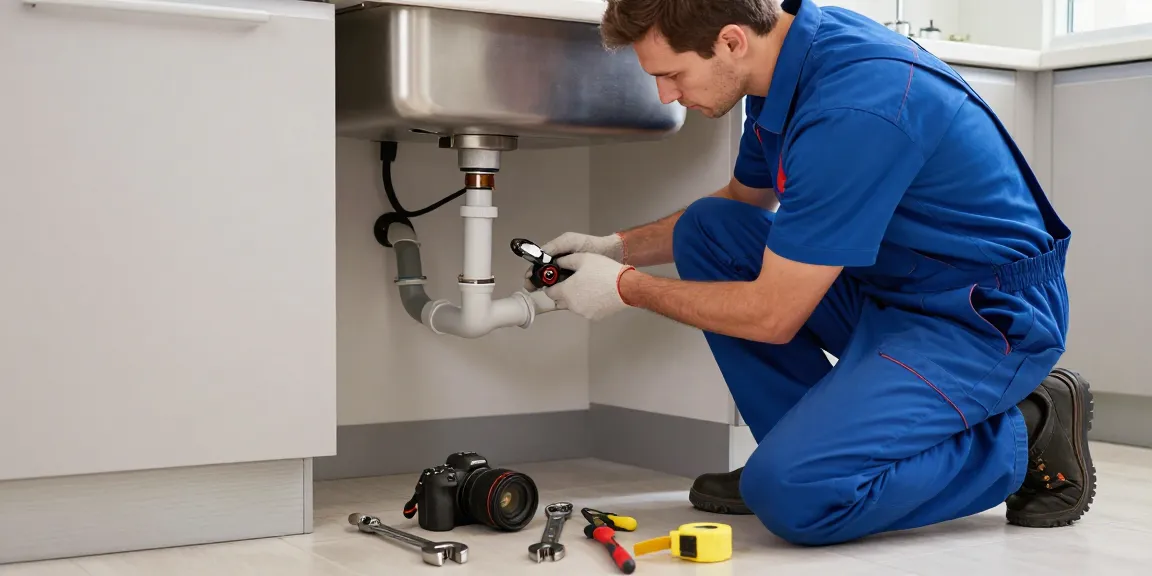 Plumber from dianneprice.com fixing a kitchen sink leak with tools and natural light.