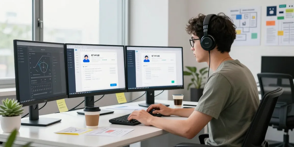 Developer focused on creating the 纸飞机中文版 app in a bright, modern workspace with dual monitors.