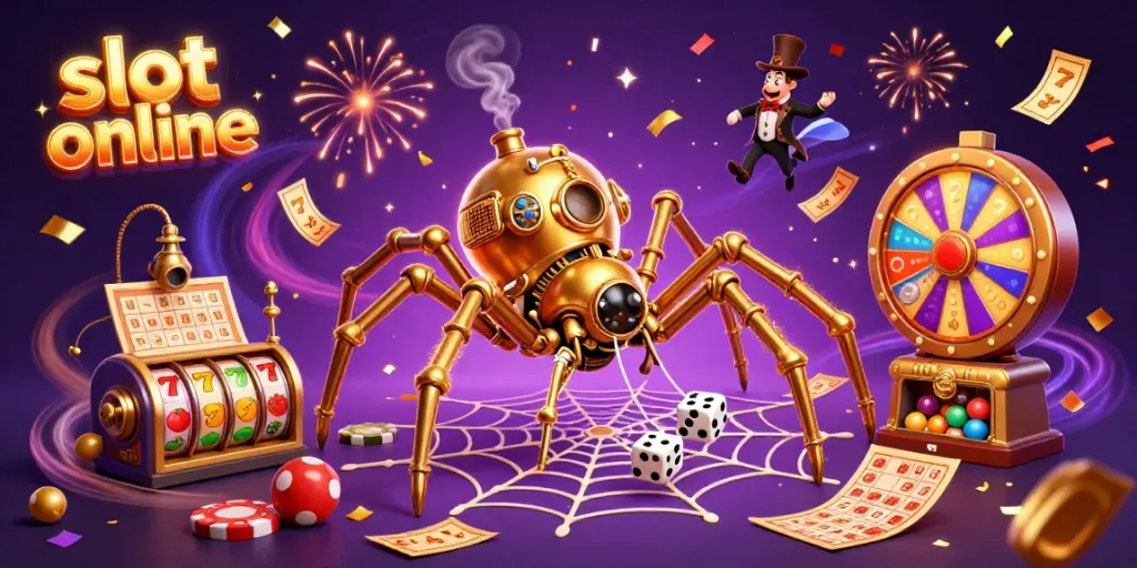 Experience the thrill of slot online gaming with a dynamic, festive scene featuring slot reels and a steampunk spider in action.
