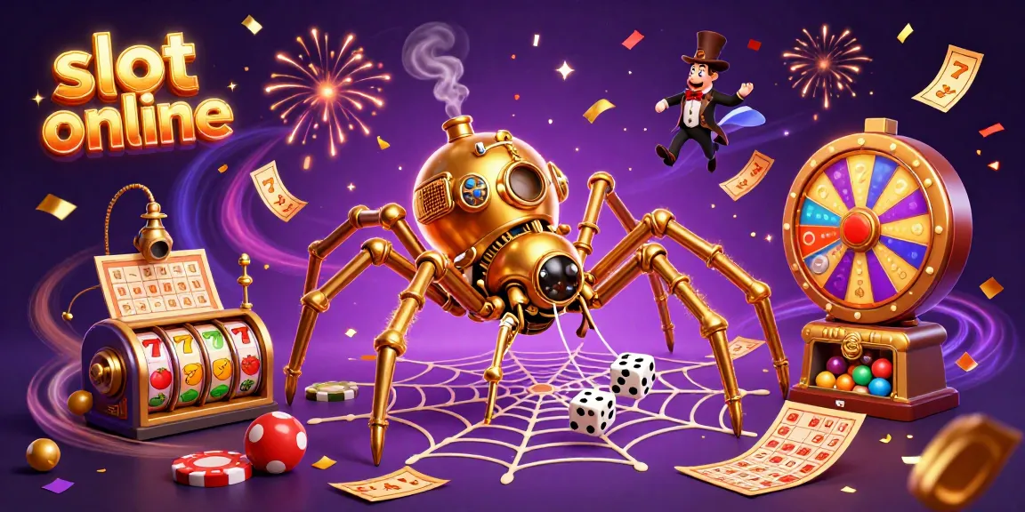 Experience the thrill of slot online gaming with a dynamic, festive scene featuring slot reels and a steampunk spider in action.