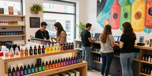 Colorful Alt Zero E-Liquid 60ml flavors displayed in a vibrant vape shop environment.
