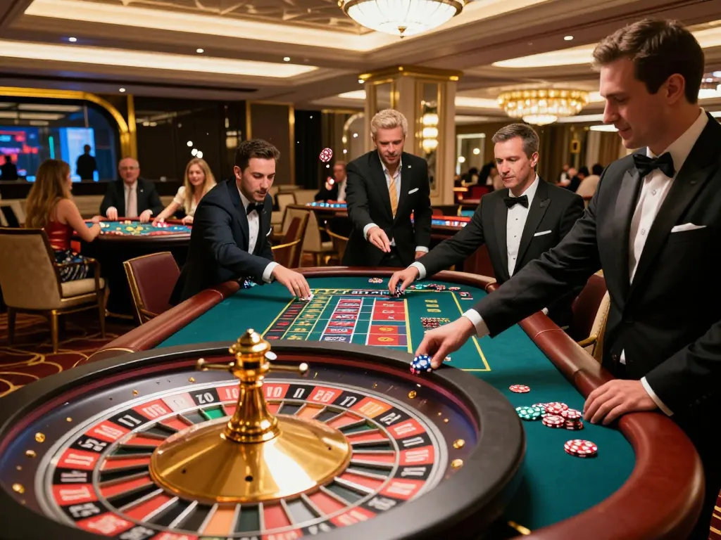 Ligalexus players placing bets at roulette tables in an upscale casino atmosphere with vibrant energy