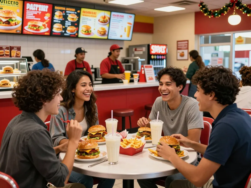 Exciting fast food menu experience with friends sharing burgers and fries in a lively restaurant.