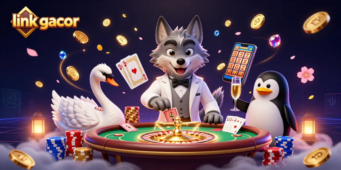 Experience exciting gaming with link gacor at our vibrant casino scene featuring a debonair wolf and elegant characters.