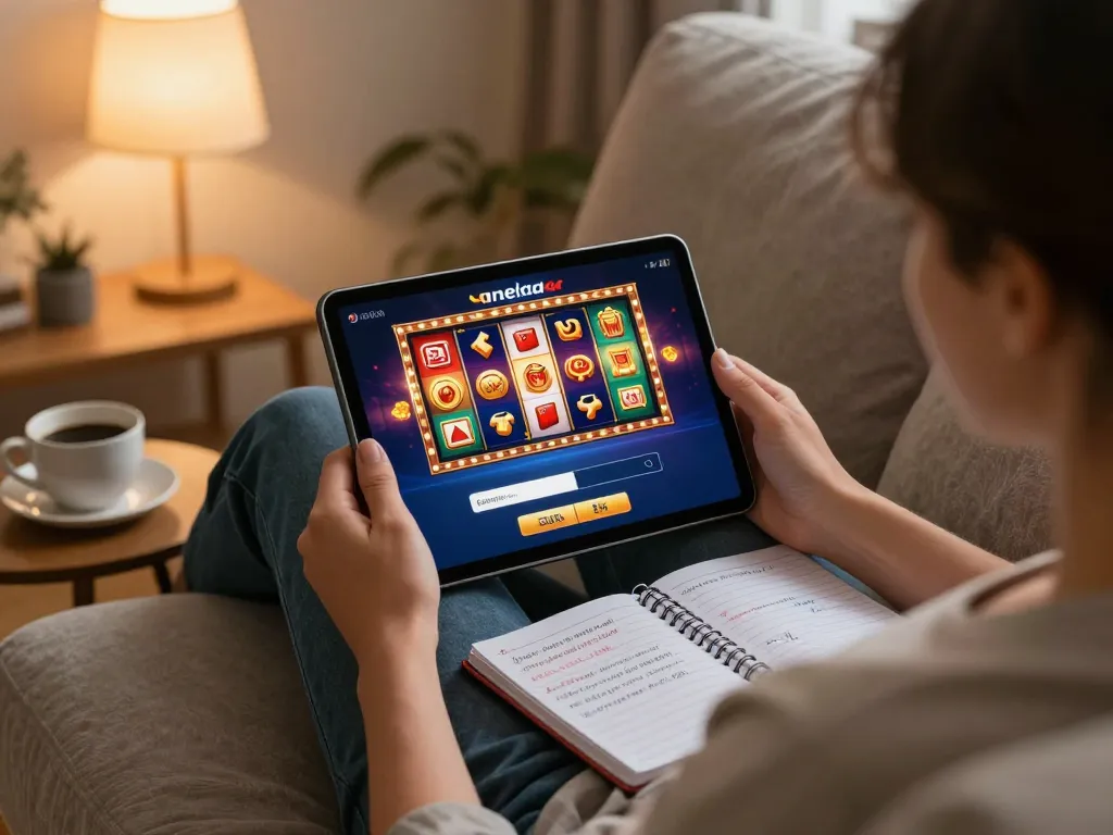 Pemain mengakses login aneka4d di tablet dengan gulungan slot yang cerah dalam suasana nyaman di rumah.