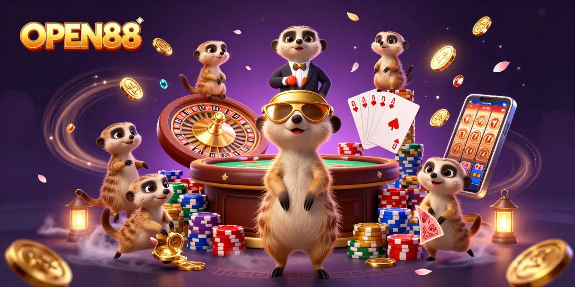 Experience excitement and wins at OPEN88 with dynamic casino meerkat characters expertly managing games in a vibrant setting.