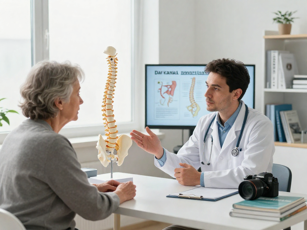 Dar kanal ameliyatı consultation scene with doctor explaining spinal stenosis treatment to patient.