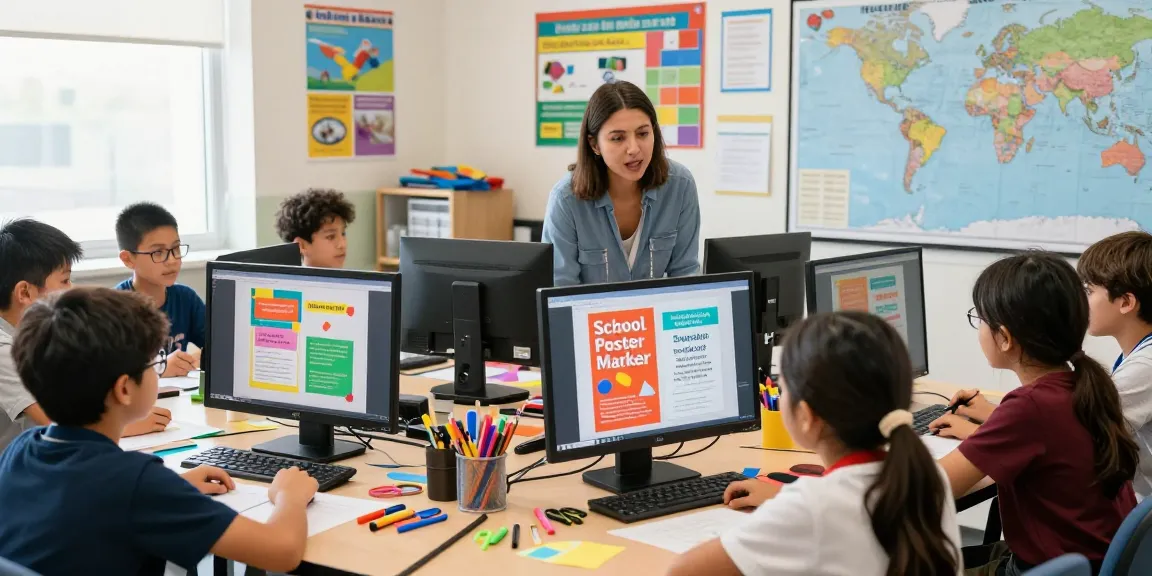 Creative classroom using a School Poster Maker with engaged students designing colorful posters.