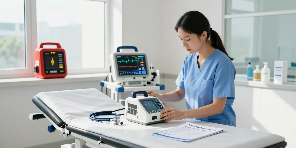 Examining defibrillator cost in a modern medical facility with healthcare professional and equipment.