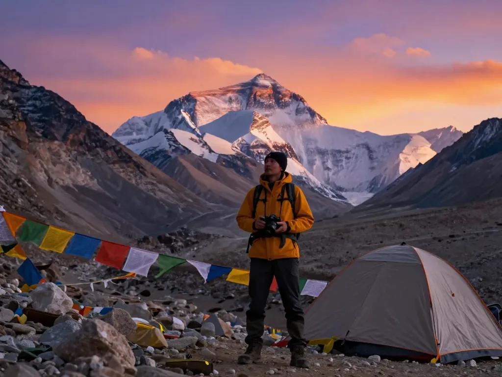 Traveler at Everest Base Camp during sunset, celebrating adventure amid stunning mountain peaks.