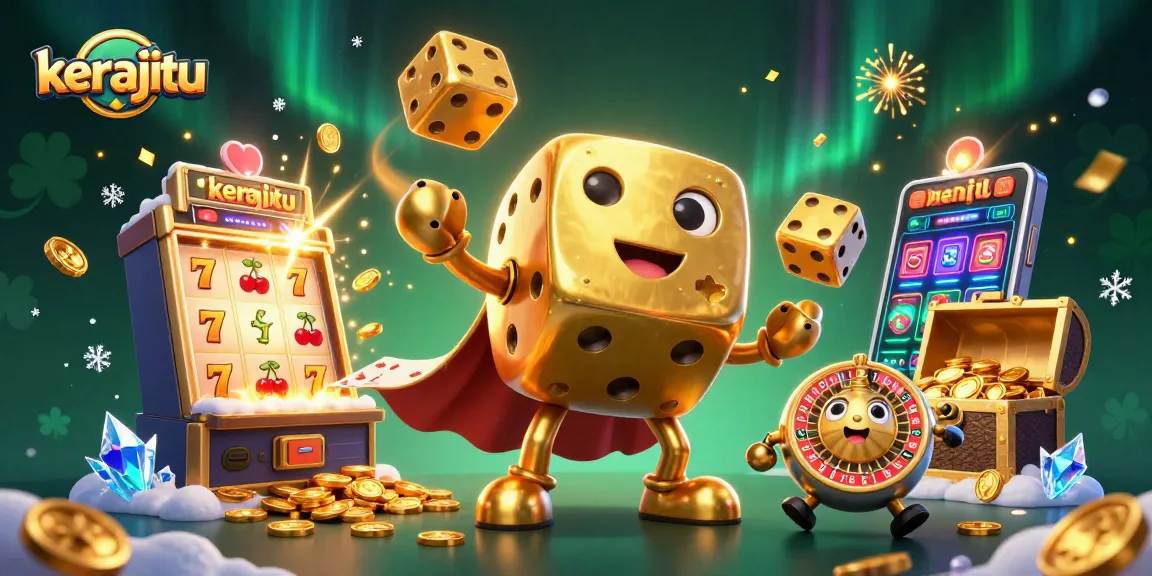 Join kerajitu in an action-packed casino scene filled with golden dice, jackpots, and vibrant game elements.