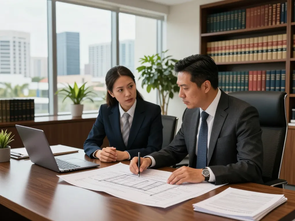 Boca Raton Construction Litigation Lawyer consulting with a contractor over blueprints in a professional law office.
