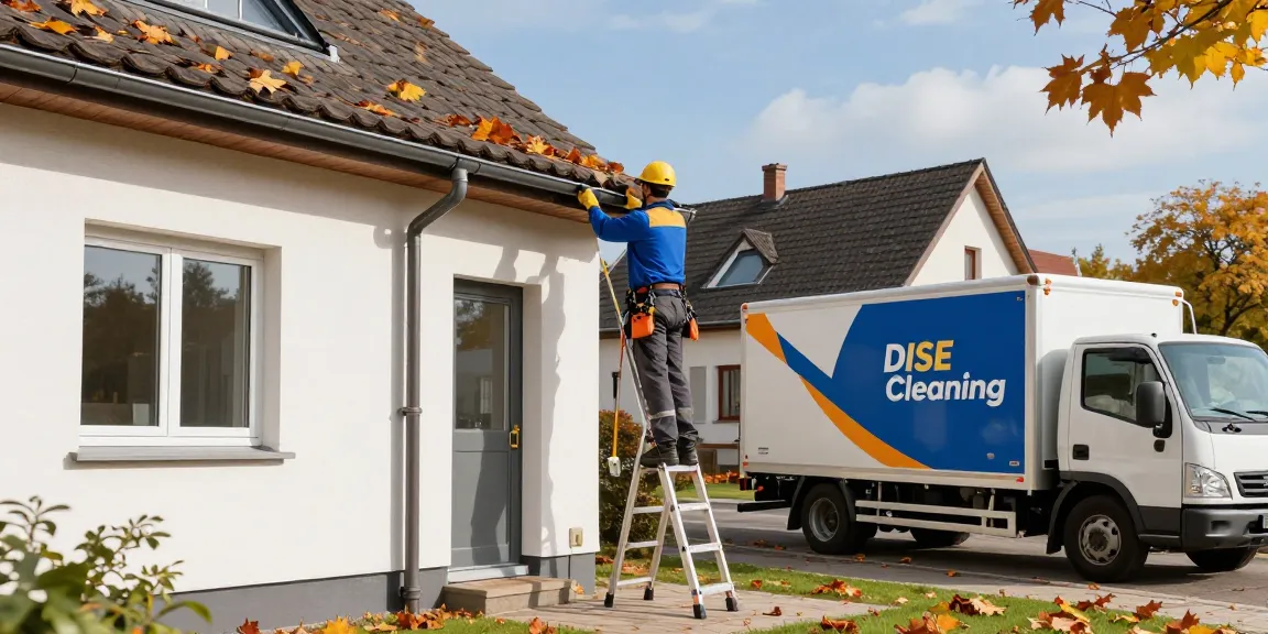 Dachrinnenreinigung Firma in Dortmund reinigt die Dachrinnen eines Wohnhauses unter Sonnenlicht, mit einem Techniker auf einer Leiter und herbstlichen Blättern im Hintergrund.