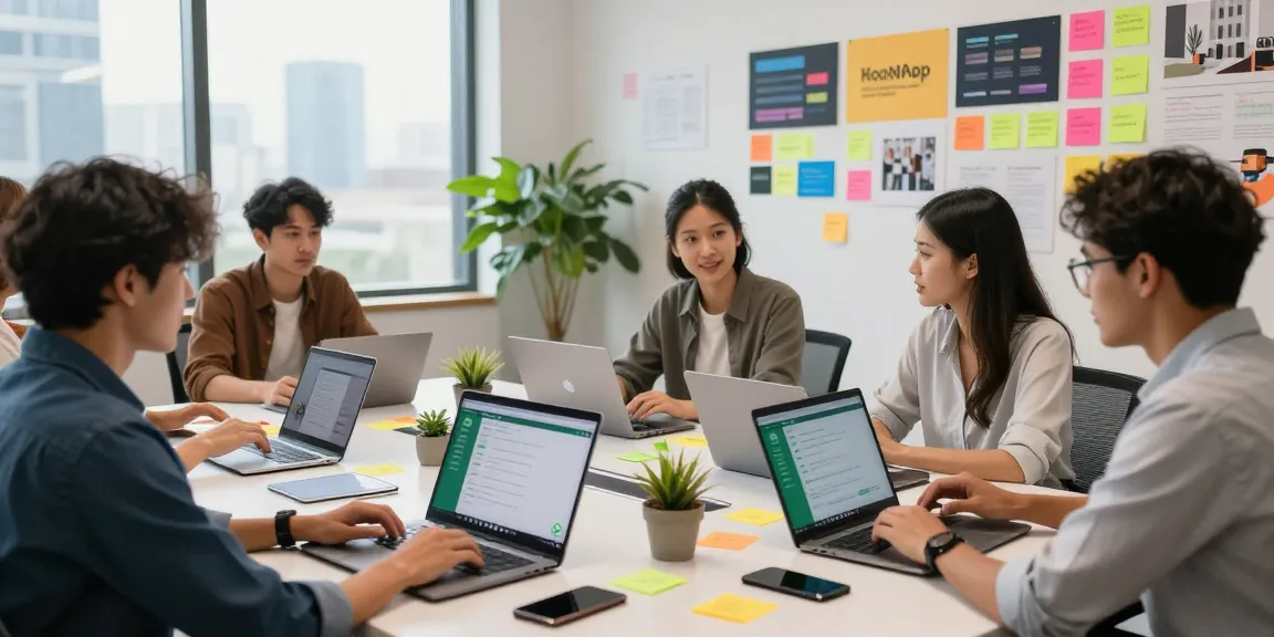 Collaborative workspace with young professionals using WhatsApp網頁版 on laptops and tablets.