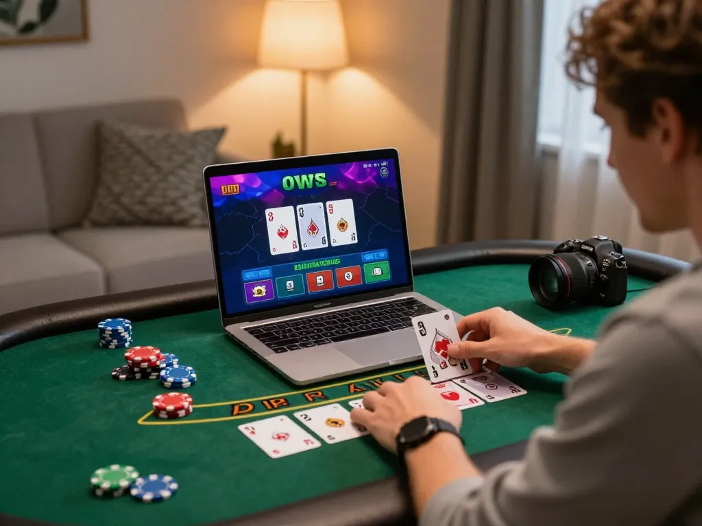 Player celebrating a win on 98 win live dealer blackjack at home, vibrant gaming atmosphere with chips scattered.