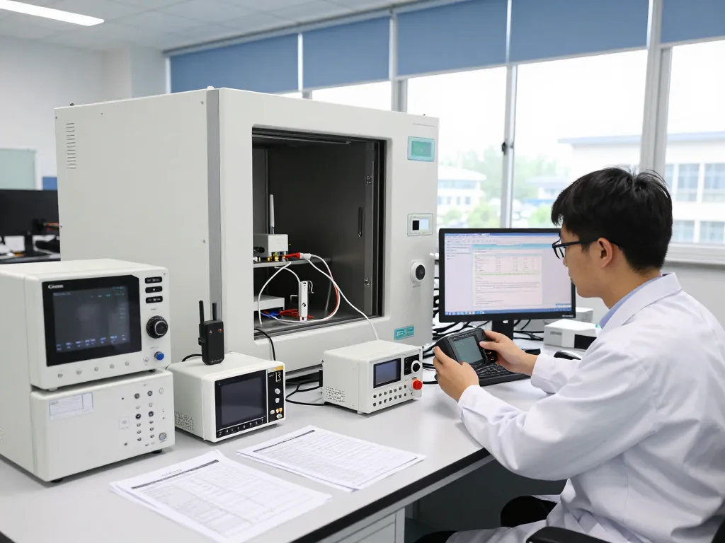 Electromagnetic compatibility Testing inside a high-tech laboratory with an engineer analyzing electronic devices.