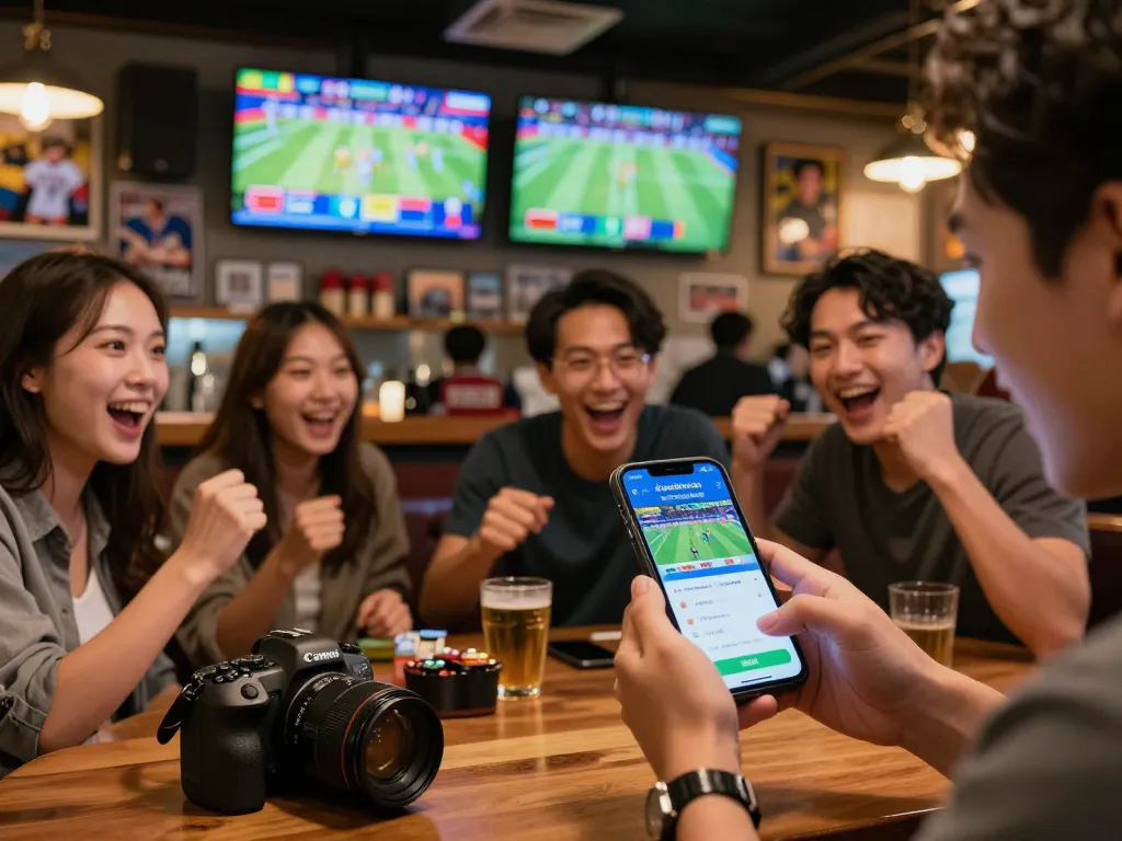 Engaged sports bettor using the nhandinhkeonhacai app at a lively sports bar with friends.